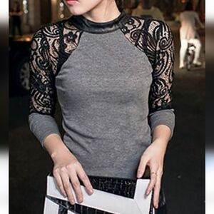 Grey top with Lace sleeves and faux leather collar
